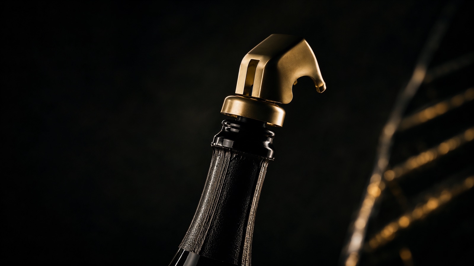Gold cork stopper resealing a champagne bottle to keep the bubbles
